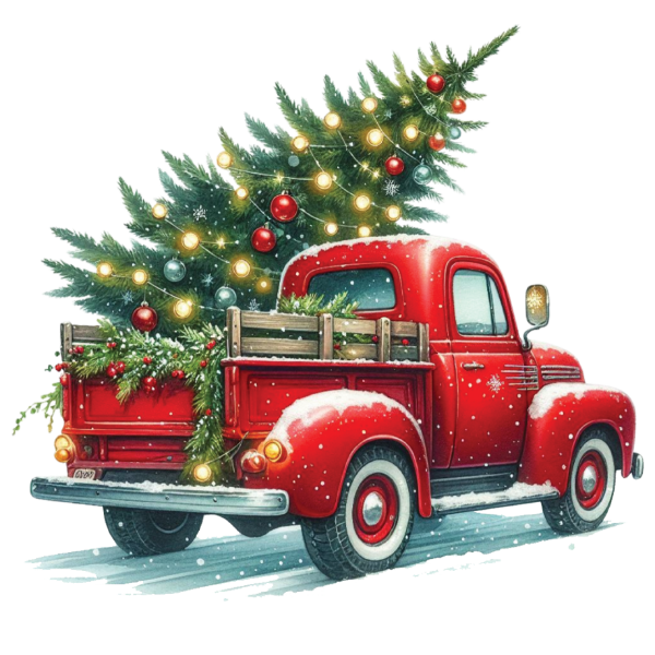 Cut Your Own Christmas Tree at M&D Trees Illustration of a vintage truck with Christmas tree in the back